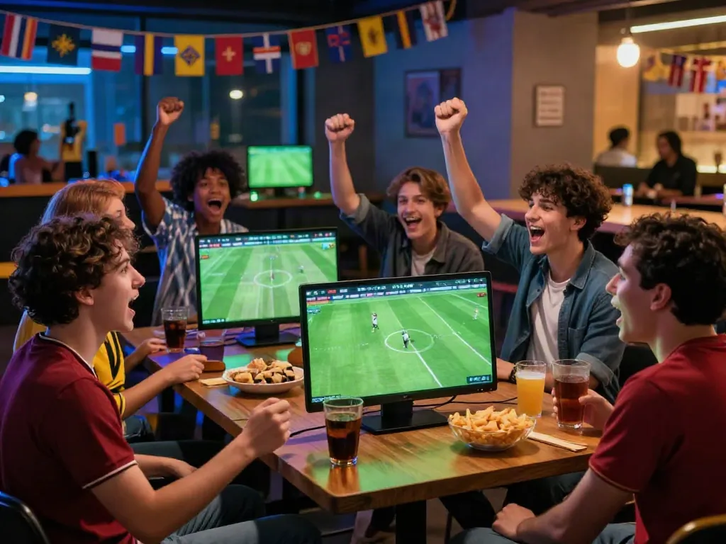 Friends enjoying a football match live on cakhiatv.team in a vibrant viewing party atmosphere.