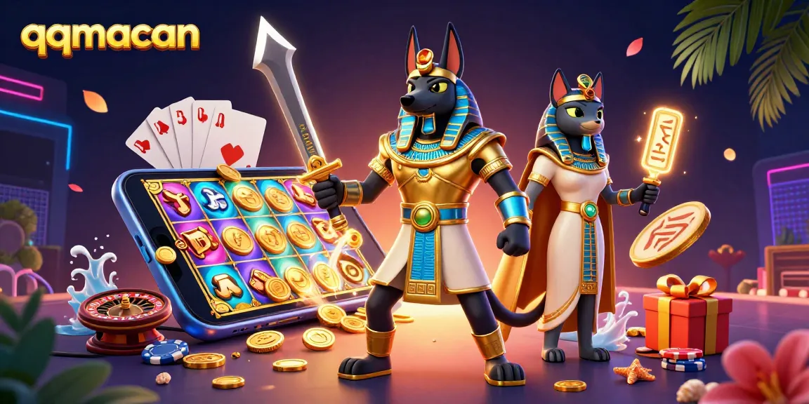 Jelajahi keseruan permainan slot di qqmacan dengan Anubis dan Bastet dalam ilustrasi ceria ini.