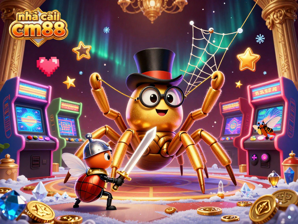 Engage in thrilling gameplay with nhà cái cm88, where 3D casino elements sparkle amidst a golden web.