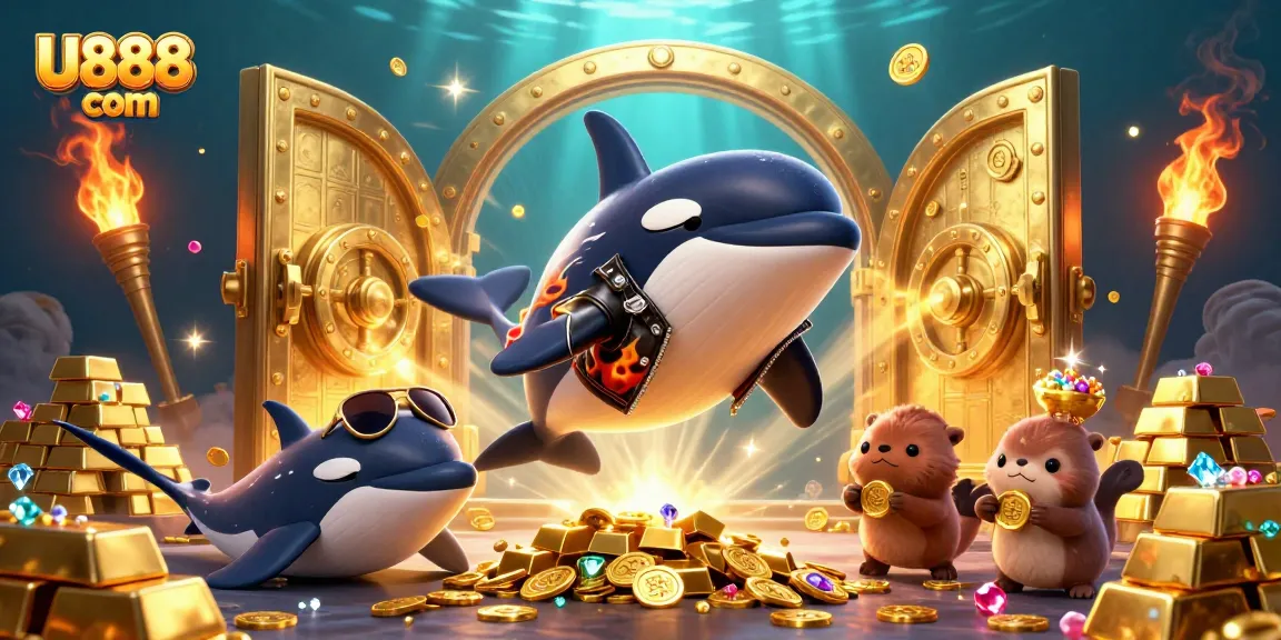 Experience the thrill of U888 com with treasure, whales, and rich casino elements in a vibrant underwater scene.