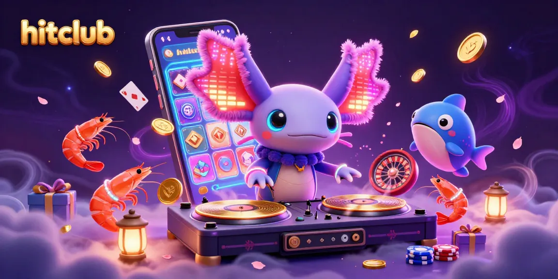 Engage with hitclub's vibrant scene where a neon-colored axolotl DJ spins records amid glowing cryptocurrency coins and colorful slot games.