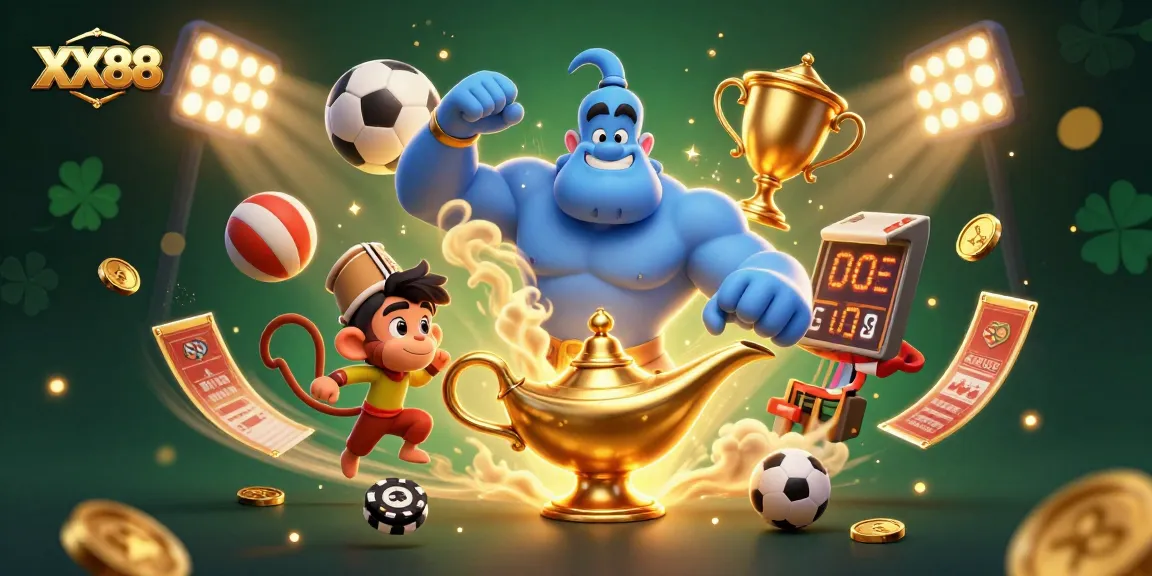 Experience the thrill at XX88 with a vibrant 3D illustration featuring a genie and magical casino elements.