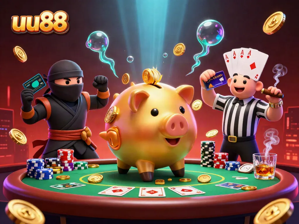 uu88 gamblers engage in a dynamic poker showdown featuring a piggy bank sumo wrestler and samurai referee