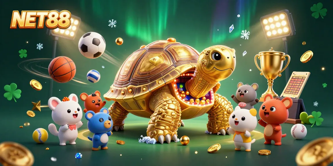 Engage with NET88 at a vibrant casino scene featuring a pinball tortoise amidst excited players and dynamic sports elements.