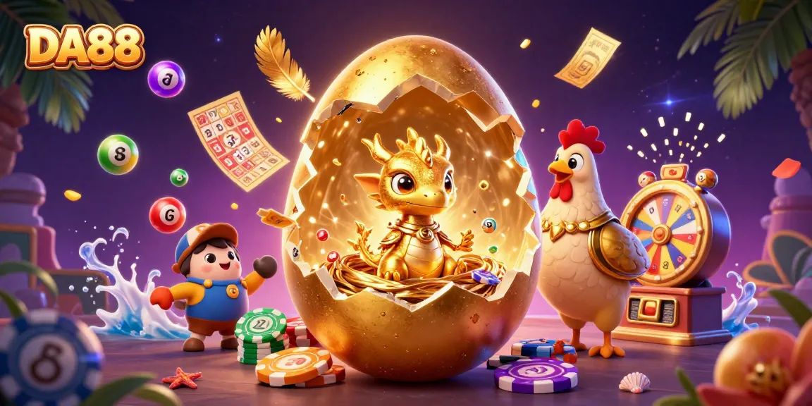 Win big with DA88 as a golden dragon emerges from a golden egg amidst vibrant casino elements.