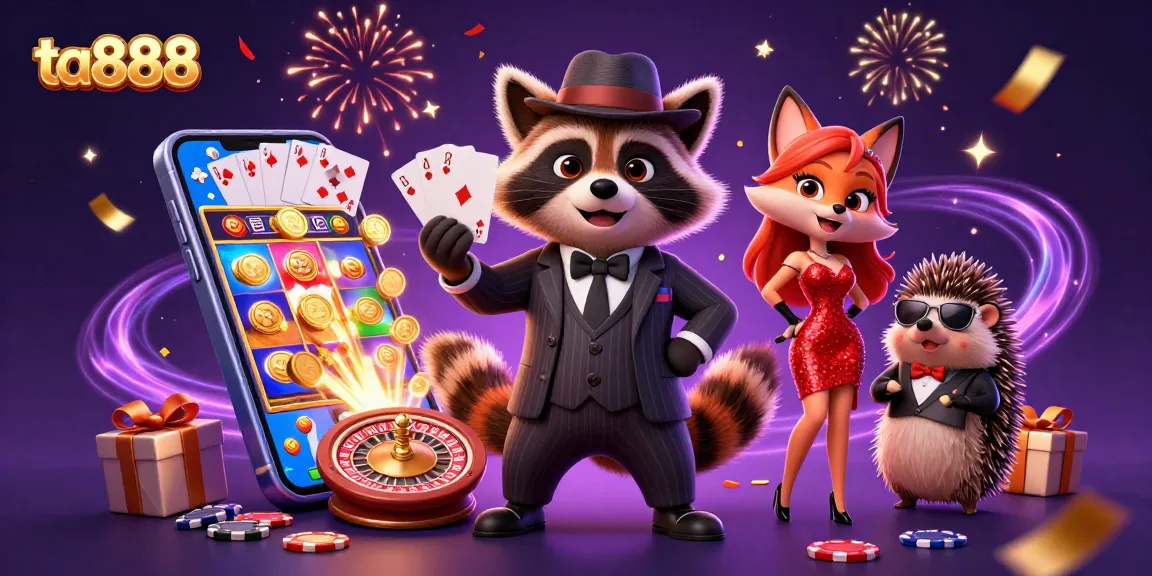 Experience excitement at ta888 with a raccoon in a royal flush scene, complemented by game elements.