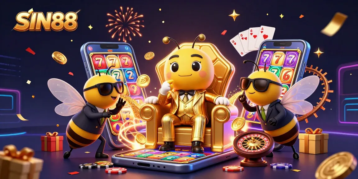 SIN88 presents a vibrant cartoon scene of a mob boss bee and wasp guards in a casino, showcasing colorful slot games and celebration effects