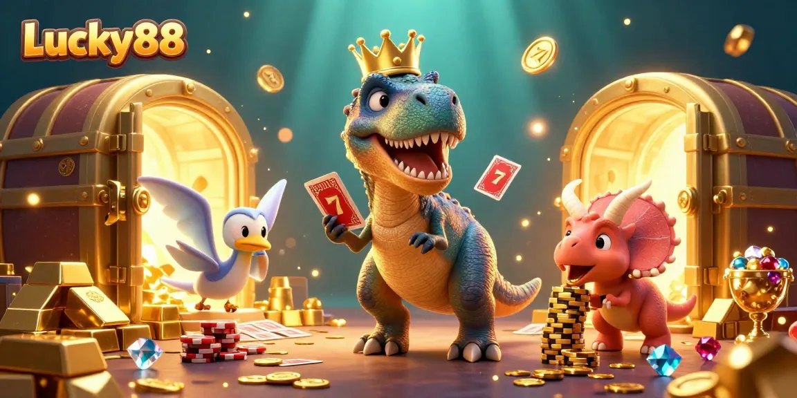 Lucky88 features a friendly T-Rex shuffling cards in an exciting casino scene filled with treasures.