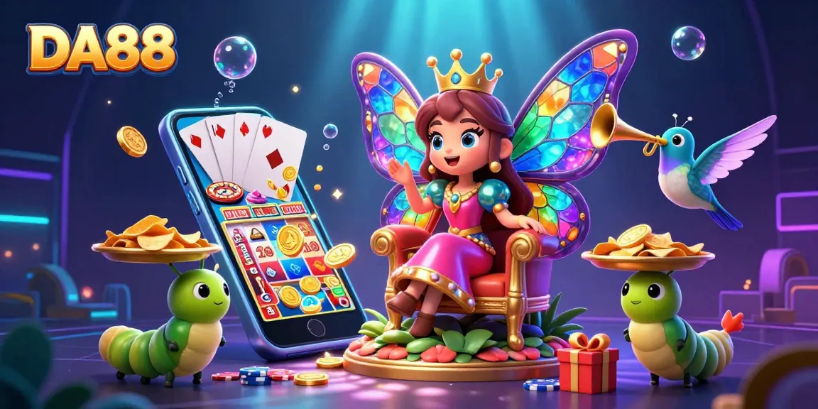 Experience the vibrant DA88 casino world with a dynamic butterfly queen and exciting game elements.