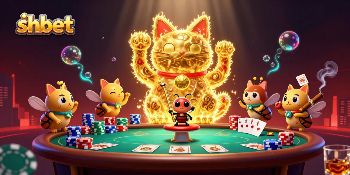 Experience thrilling shbet adventures with a lucky cat and a dazzling poker scene.
