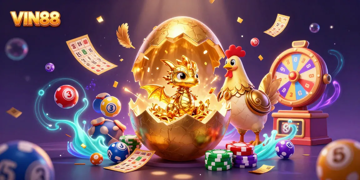 Engage with thrilling moments at VIN88, showcasing a dynamic scene of golden gaming elements and vibrant luck.