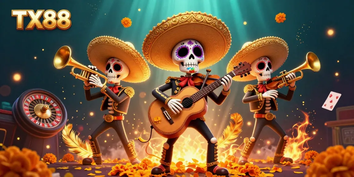 Experience exhilarating games at TX88 with vibrant visuals from a live casino scene featuring a skeleton mariachi band.