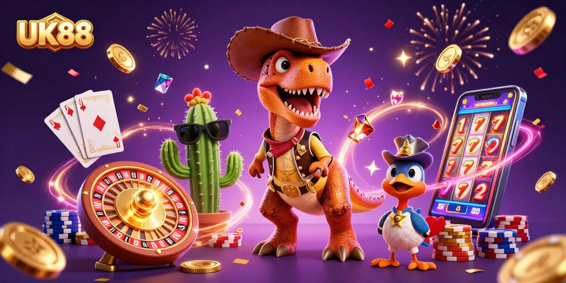 Join the action at UK88 with vibrant casino elements, including a T-Rex and friends celebrating wins.