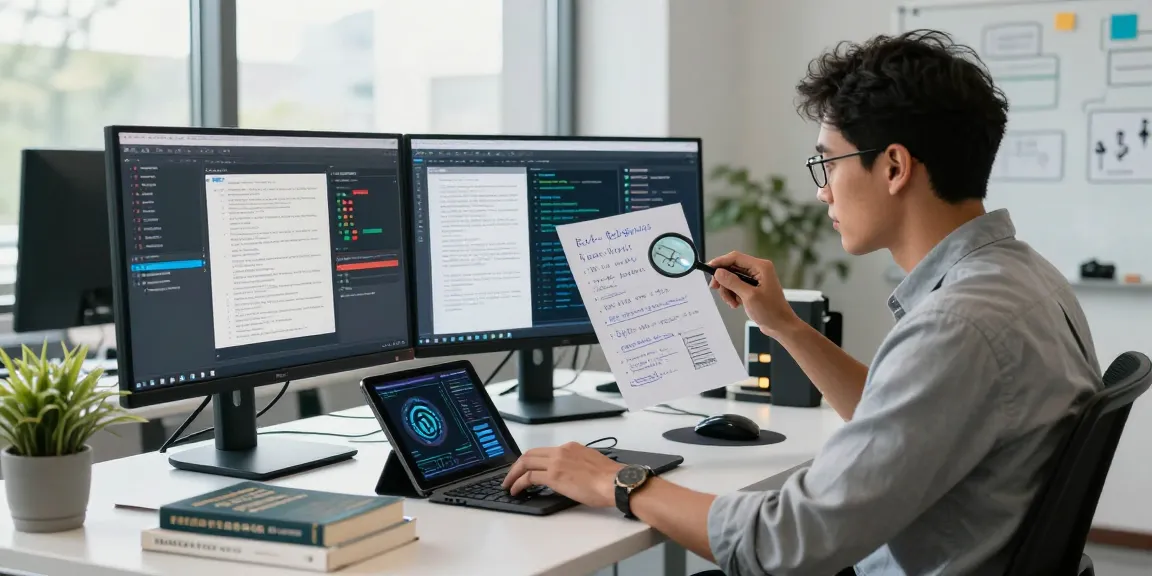 Cybersecurity analyst engaged in document fraud detection with advanced tools in a modern workspace.