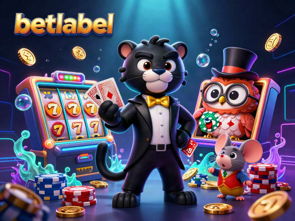 Experience excitement at betlabel casino with vibrant slot games and charming characters in this dynamic scene.