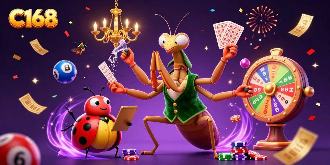 C168's lively casino scene with a giant praying mantis and ladybug pit boss celebrating winnings amidst vibrant game elements.