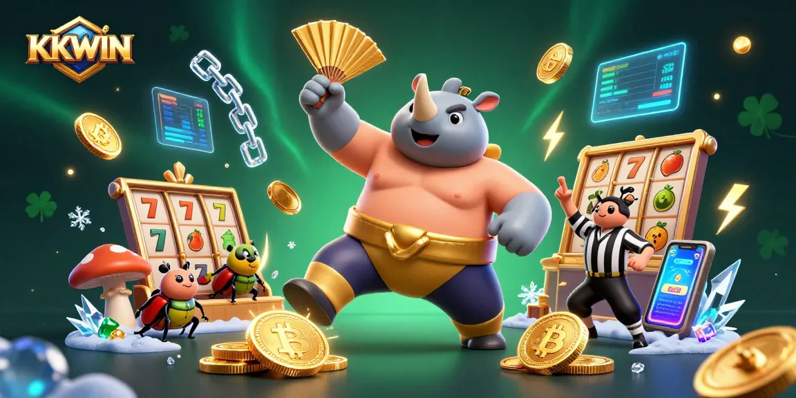 Experience thrilling gameplay at KKWIN with a dynamic illustration featuring a sumo beetle champion and crypto elements.