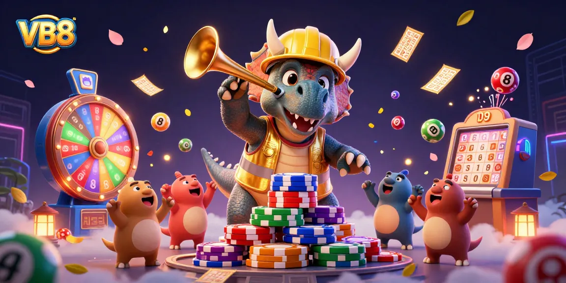 VB8 players enjoying a dynamic celebration with colorful lottery elements and gaming excitement.