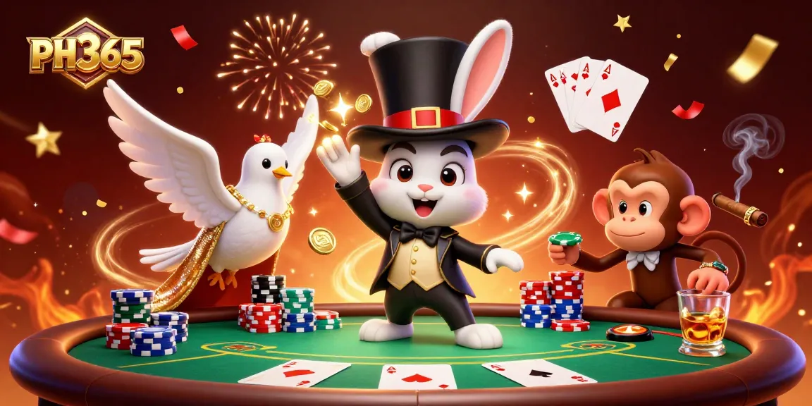 Watch the PH365 magician rabbit conjuring coins, celebrating a vibrant casino scene!