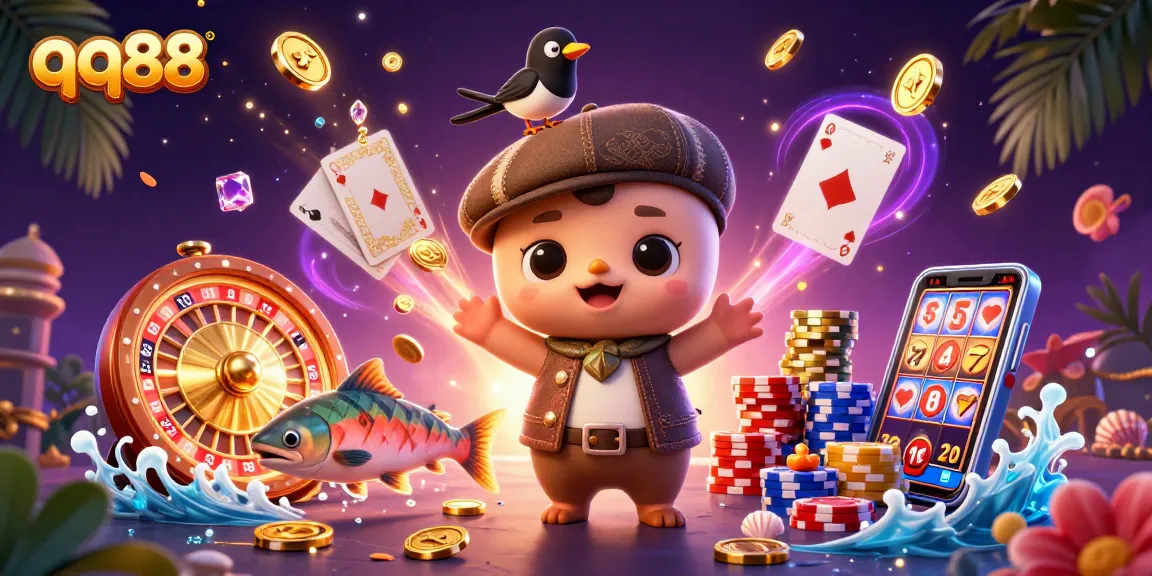 Spin to win with qq88 in this vibrant, ultra-detailed casino illustration featuring lucky symbols!