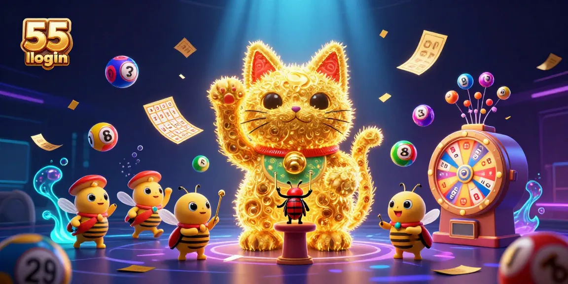 Admire the vibrant scene of the 55 club login as a colorful lucky cat surrounded by casino symbols.