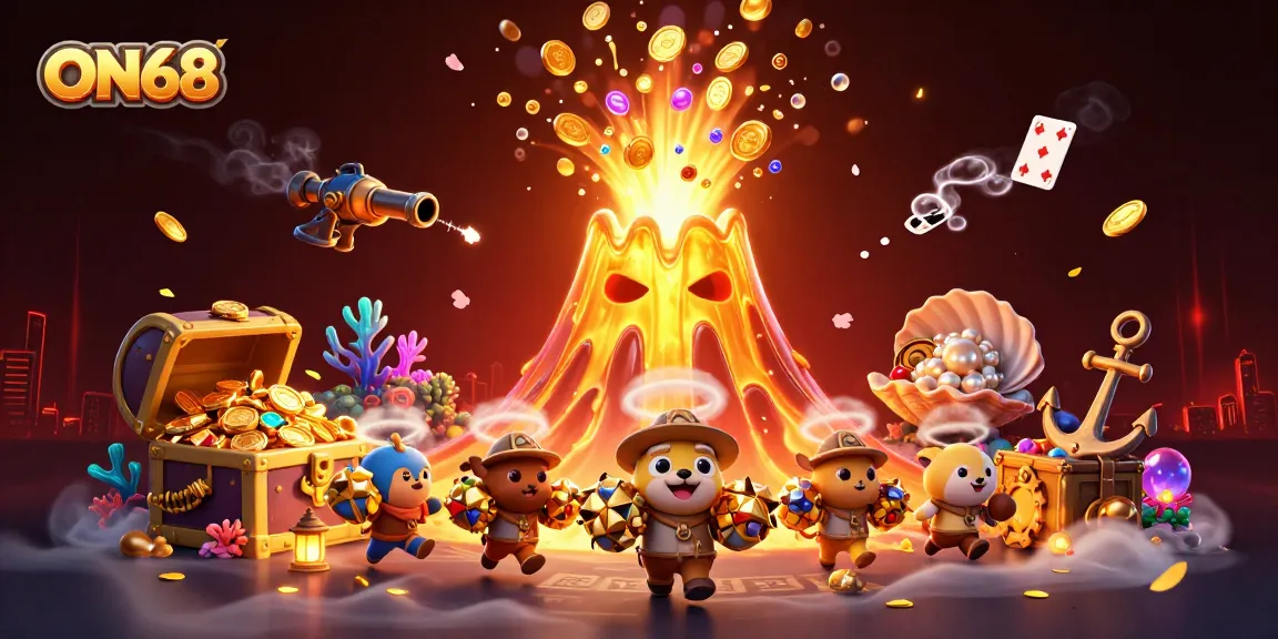 ON68 enchants players with a dynamic 3D rendering of a golden volcano erupting treasure.