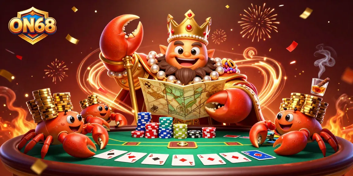 Experience thrilling gameplay at ON68 with a golden crab emperor and poker elements in a vibrant setting.