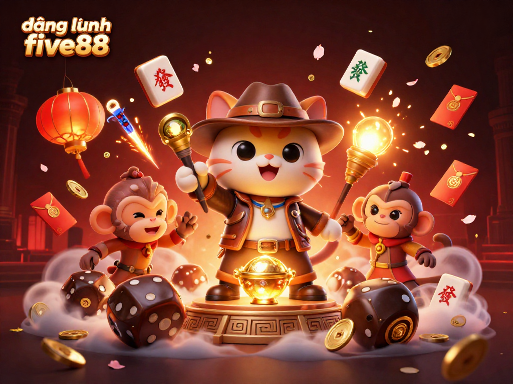 Experience đăng nhập five88 in this vibrant 3D casino adventure featuring an explorer cat and monkey companion.
