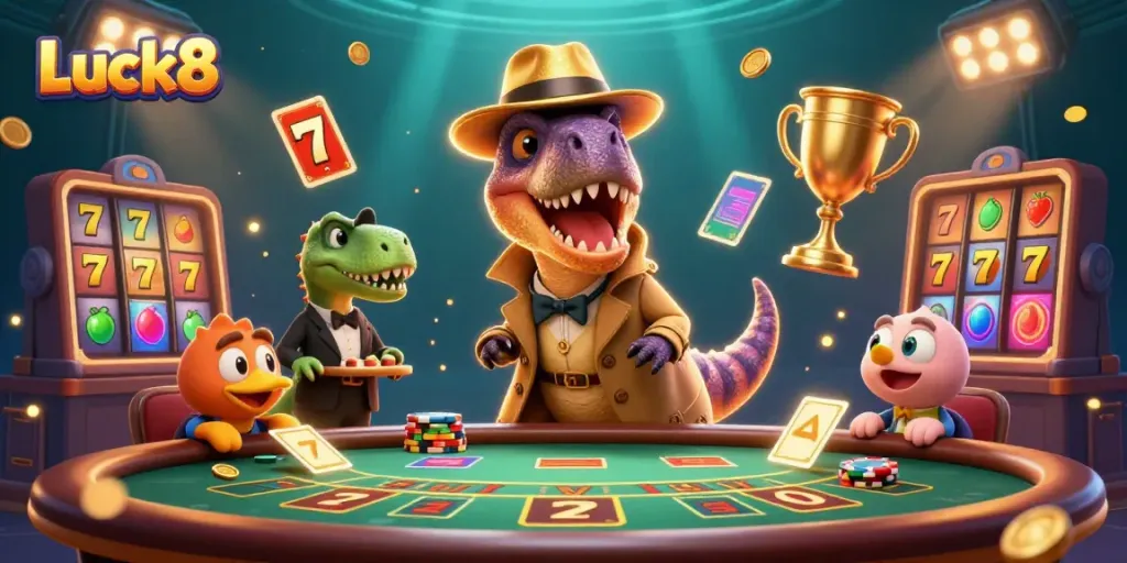 Luck8 theme scene featuring a velociraptor card counter amidst slot machines and casino action.