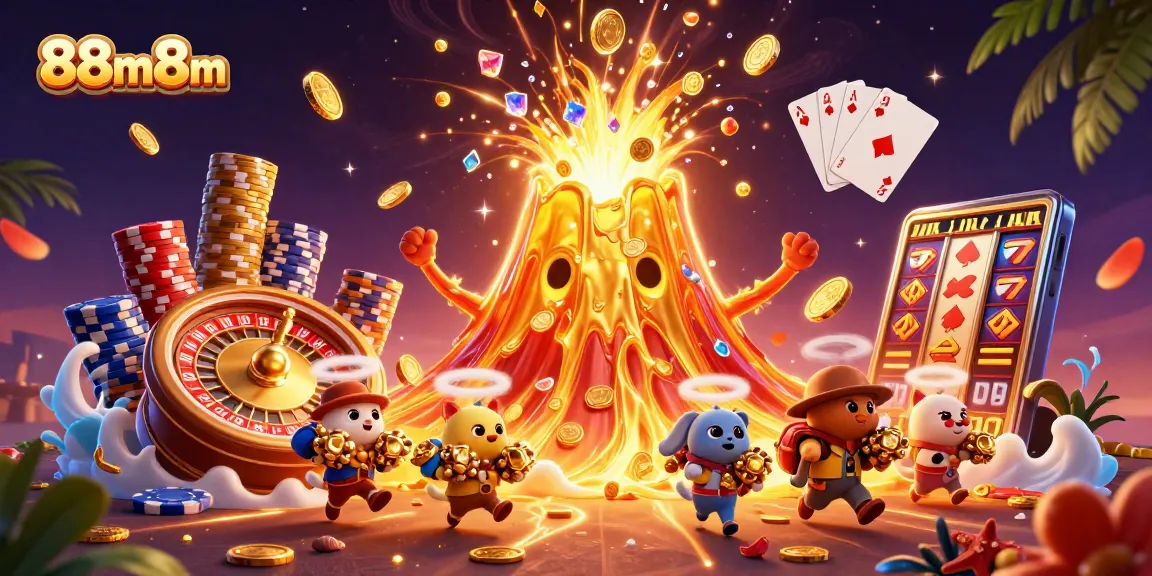Engage in vibrant gaming at 88m8m with treasures flowing from a golden volcano, capturing the thrill of the jackpot.