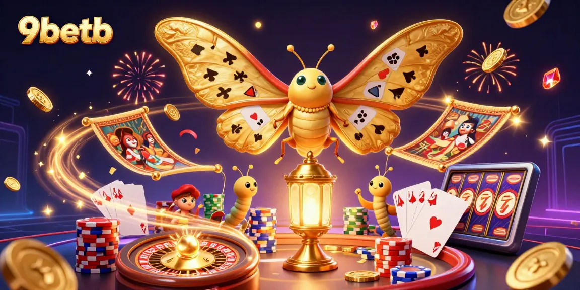 Play exciting games at 9betb with a vibrant scene of a 3D moth and casino elements.