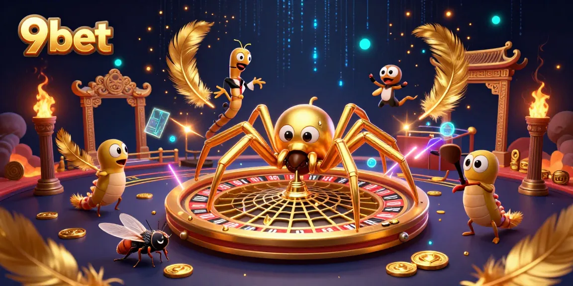Engage your bets at 9bet with a dynamic roulette scene featuring a golden spider and croupier.
