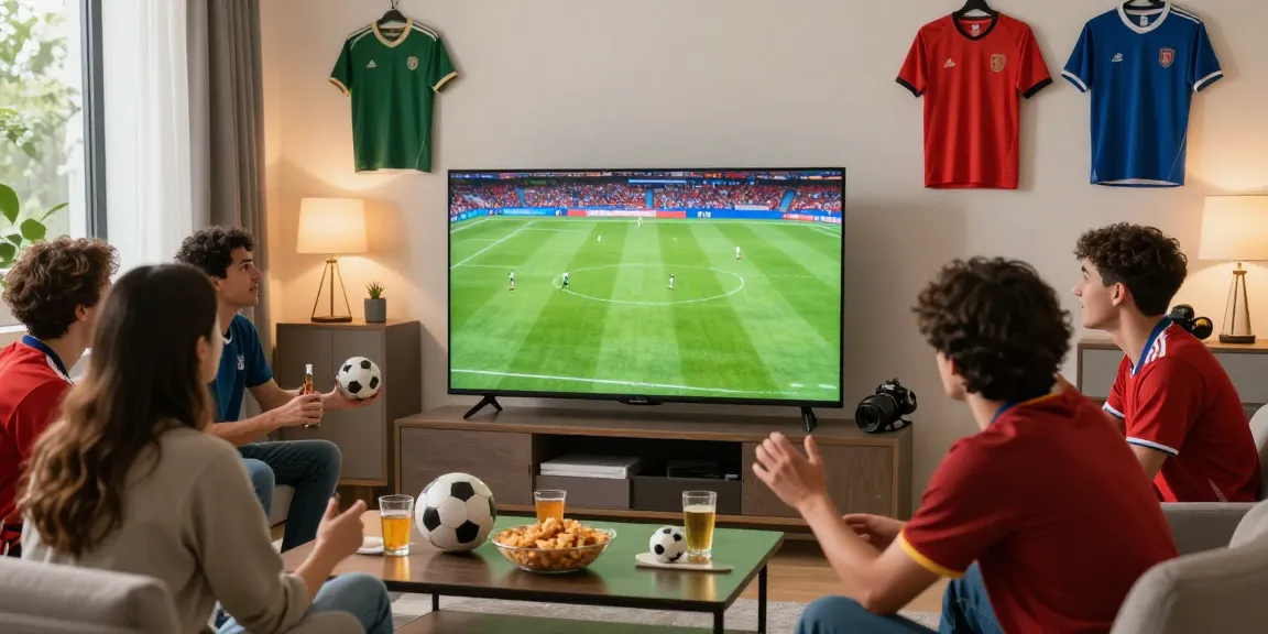 Friends enjoying live football on cakhiatvvn.jpn.com in a cozy home setting.