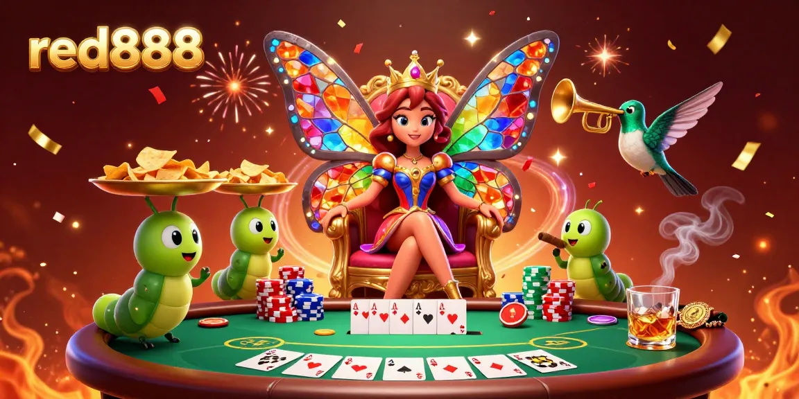 Join the lively world of red888 as a butterfly queen presides over a bustling casino with poker action.