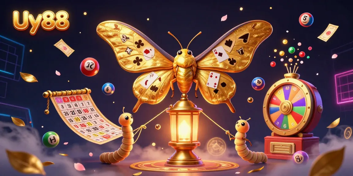Experience thrilling moments with Uy88 in a vibrant casino-themed illustration filled with dynamic lottery balls and golden tickets.