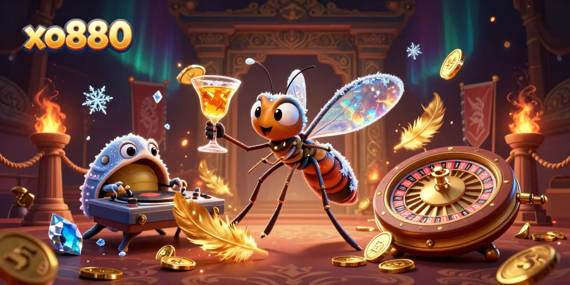 Engage with the vibrant world of xo880 featuring a casino mascot with a cocktail, surrounded by golden roulette and DJ.