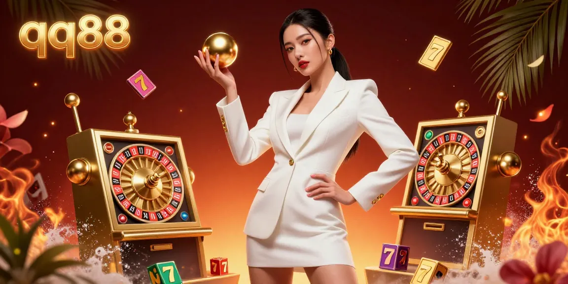 Engage with thrilling casino adventure at qq88 featuring a confident Asian woman with a roulette ball amid vibrant gaming elements.