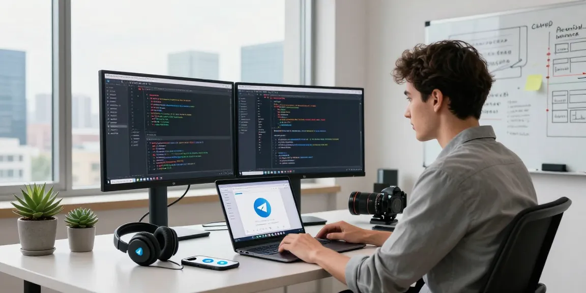 Download Telegram and enhance productivity in a modern tech workspace featuring a stylish user engaging with the app interface.