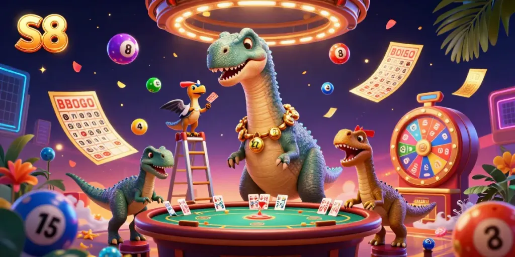 Experience exciting games at S8 with a cartoon brontosaurus and clever raptor dealing cards in a vibrant casino setting.
