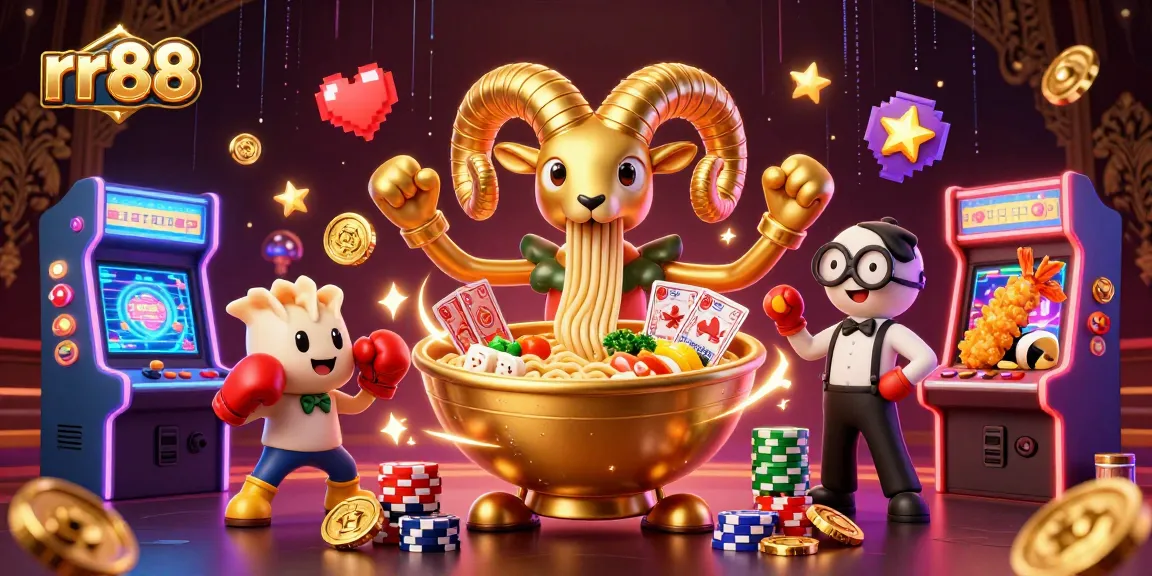 rr88 features a vibrant casino scene with characters and game elements, showcasing thrilling gambling action.