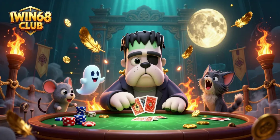 IWIN68 CLUB card dealing action with cartoon bulldog and floating ghost mouse in an eerie casino setting.