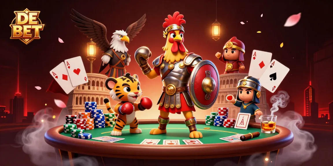 DE BET offers an exciting 3D gambling scene with poker and vibrant characters, enhancing the gaming experience.