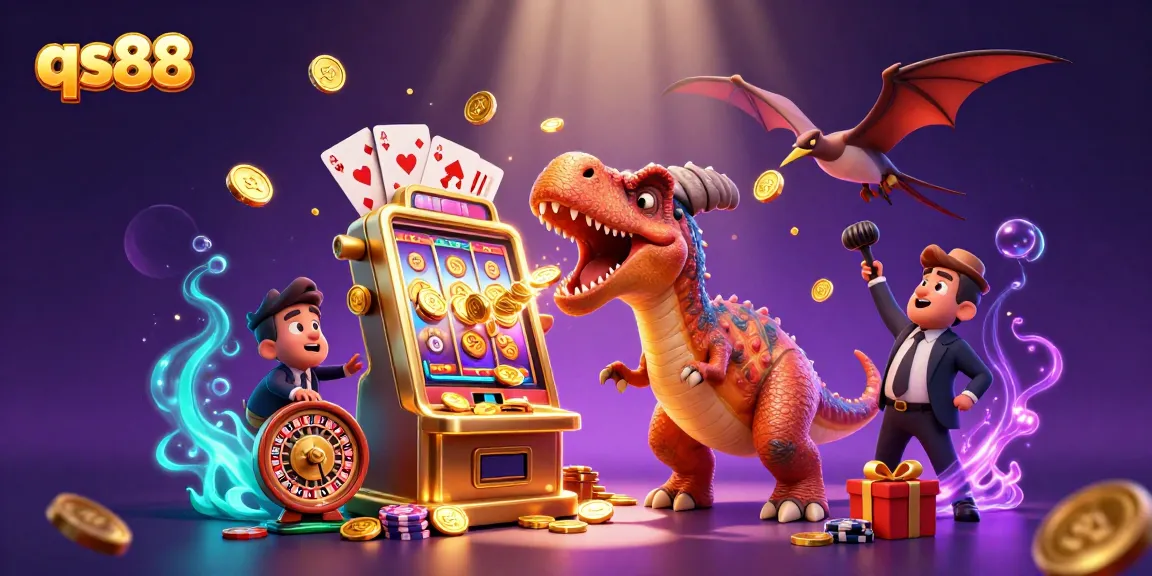 Experience qs88's thrilling jackpot action with cartoon dinosaurs in a vibrant casino scene.