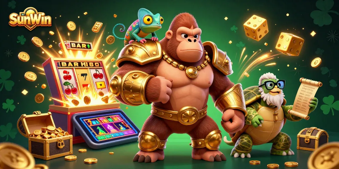 Experience the thrill of SunWin with a vibrant 3D scene filled with colorful casino elements and characters.