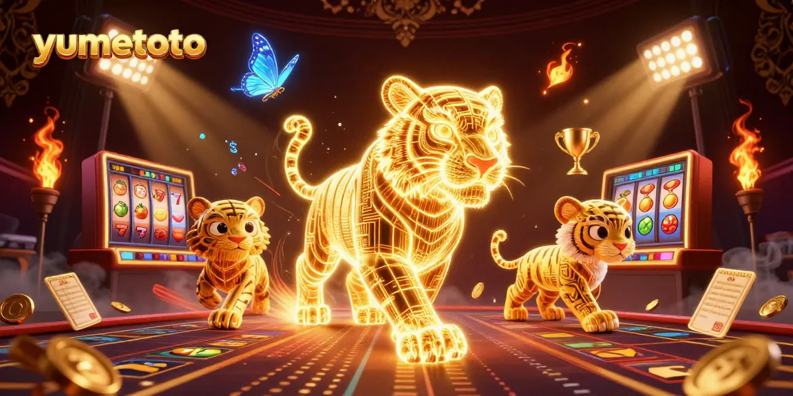 Experience thrilling gameplay with yumetoto while engaging with vibrant, dynamic casino elements showcasing neon designs and golden trophies.