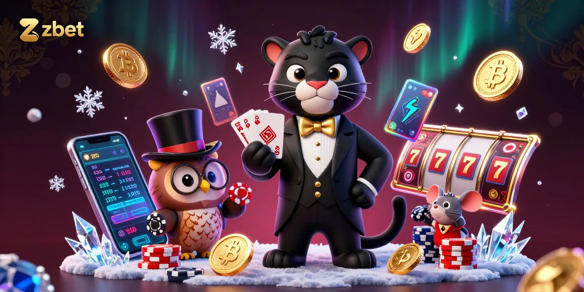 zbet casino scene portraying a stylish panther dealing cards with festive characters and crypto coins.