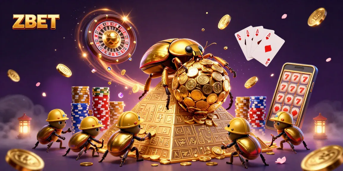 ZBET showcases bold gaming excitement with golden beetles rolling coins and lush casino elements.