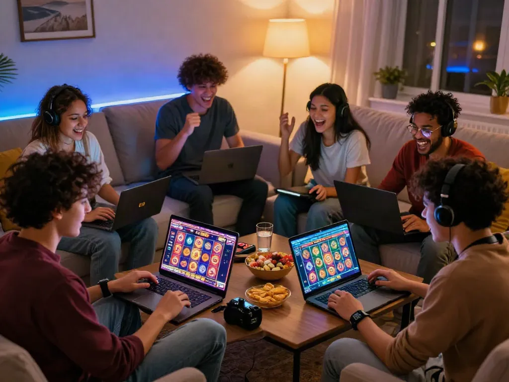 Group enjoying rokok88 slot login in a lively gaming session with laptops and colorful decor.