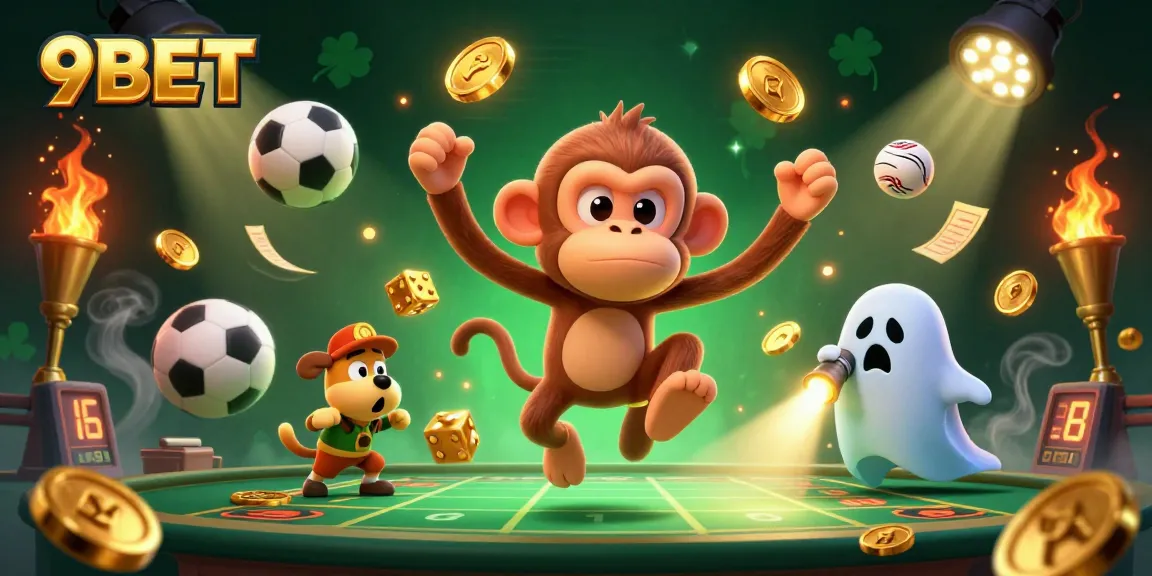 Experience thrilling gameplay at 9BET with our lively casino illustration featuring a poltergeist monkey and excited puppy.