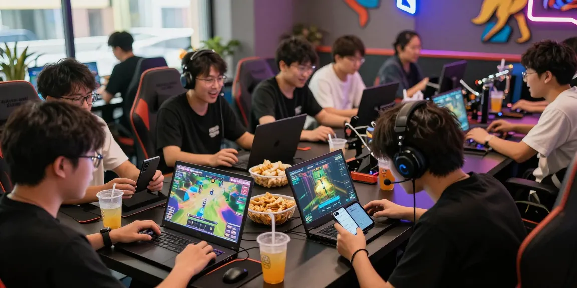 Engaging Sun win gaming scene with players enjoying diverse devices, energetic atmosphere.
